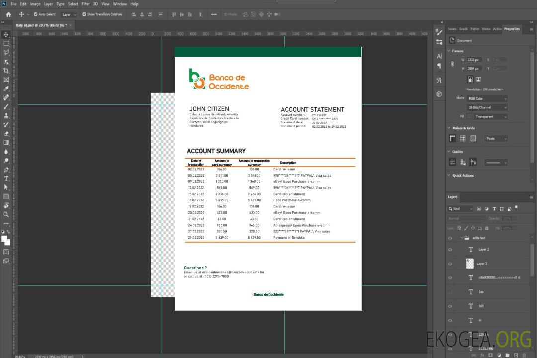 Modèle de relevé bancaire Honduras Banco de Occidente au format Word et PDF template Modèle de relevé bancaire Honduras Banco de Occidente au format Word et PDF template